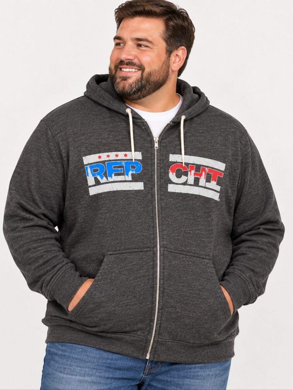 ​REP CHI Chicago Zip Up Hoodie Graphic Sweatshirt Heather Gray 3XL